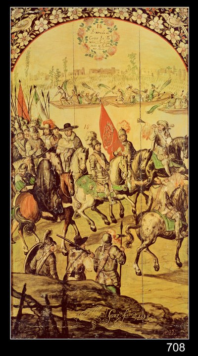 De ontmoeting tussen Hernando Cortes (1485-1547) en Montezuma (1466-1520), 1698 door Miguel and Juan Gonzalez
