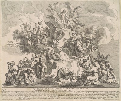 De Prima Macchina voor de Chinea van 1739: Berg Parnassus met Apollo, de Muzen en Pegasus door Miguel de Sorellò, after Pierre Parrocel, after Michelangelo Specchi