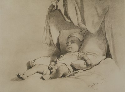 Baby slaapt op bed door Mihaly von Zichy