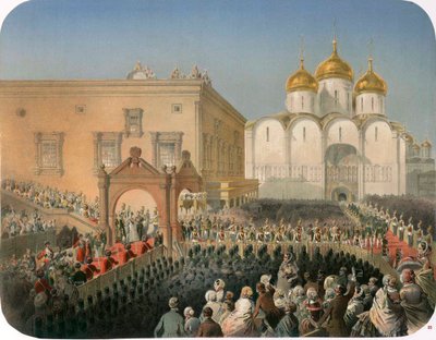 Processie van Tsarina Alexandra Feodorovna naar de Kathedraal van de Ontslapenis, Moskou, 1856 door Mihaly von Zichy