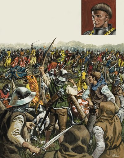 Slag bij Agincourt, 25 oktober 1415 (gouache op papier) door Mike (20th century) White