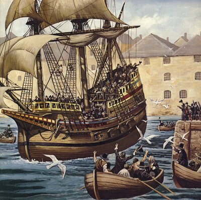 Westwaarts Ho! De Mayflower verlaat Plymouth Ho op 16 september 1620 (kleurenlitho) door Mike (20th century) White