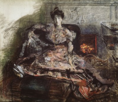 Na het concert. Portret van N. Zabela-Vrubel bij de open haard in een jurk ontworpen door Vrubel, 1905 door Mikhail Aleksandrovich Vrubel