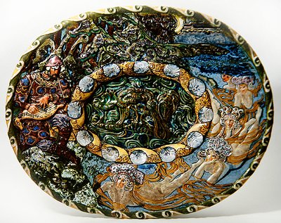 Majolica schaal met afbeelding van Sadko de Visser door Mikhail Aleksandrovich Vrubel