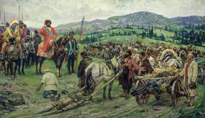 Assisteren van de leider van de boerenopstand, Emelyan Pugachev, in de Oeral (olieverf op doek) door Mikhail Ivanovich Avilov