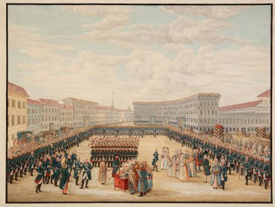 De zegening van de vlag van het Preobrazhensky Regiment in december 1796. Het meest prestigieuze regiment van de Russische keizerlijke garde, opgericht door Peter de Grote (1672-1725). door Mikhail Matveevich Ivanov