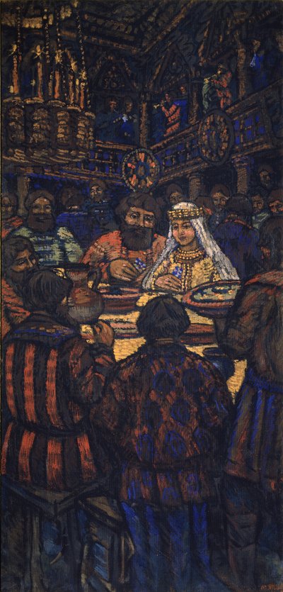 Het huwelijk van de groothertog Vladimir I. Svyatoslavich drieluik, centraal paneel, 1920s door Mikhail Nikolayevich Yakovlev