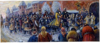 Aankomst van Alexander Nevsky in Novgorod na de Slag op het IJs door Mikhail Vasilievich Nesterov