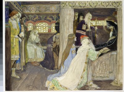 De dood van grootvorst Alexander Nevski (1220-1263). Werk van Mikhail Vasilyevich Nesterov (1862-1942), aquarel en gouache op papier door Mikhail Vasilievich Nesterov
