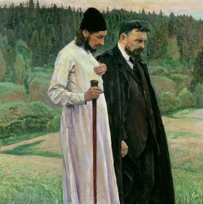 De Filosofen: Portret van Sergei Nikolaevich Bulgakov en Pavel Aleksandrovich Florensky door Mikhail Vasilievich Nesterov