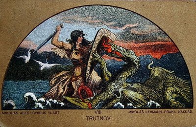 Ansichtkaart met de ridder Trut die vecht tegen de draak van de rotsen, c.1900 door Mikolas (after) Ales