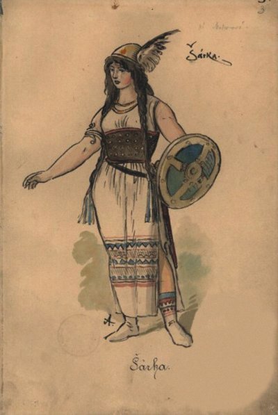 Sarka. Kostuumontwerp voor de opera Sarka door Zdenek Fibich, 1897 door Mikolas Ales