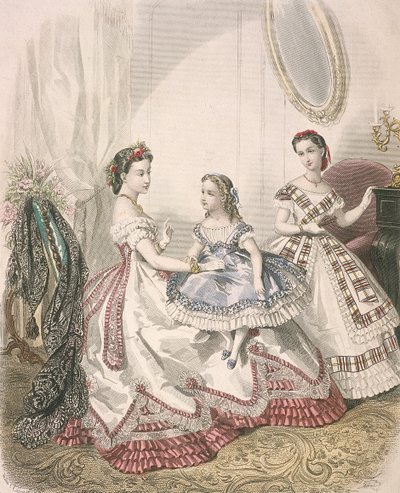 Twee vrouwen en een klein meisje in de nieuwste binnenmode, ca. 1860 door Millia Lacouriere