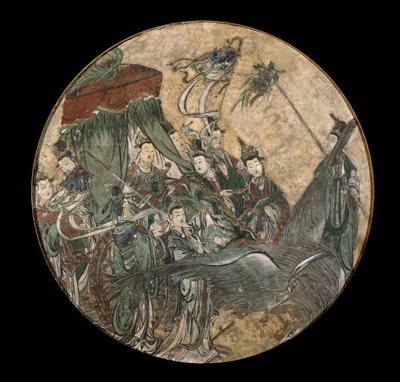Een polychroom fresco met een vrouwelijke hoogwaardigheidsbekleder die een Ruyi-scepter vasthoudt terwijl ze in een door een feniks getrokken wagen zit door Ming Dynasty Chinese School
