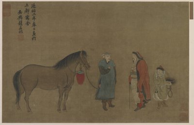Een paard, twee mannen en een jongen door Ming Dynasty Chinese School