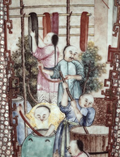 Detail van een vaas die mannen toont die zijde verven door Ming Dynasty Chinese School