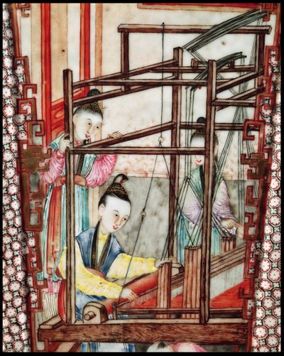 Detail van een vaas die zijdeweven afbeeldt door Ming Dynasty Chinese School