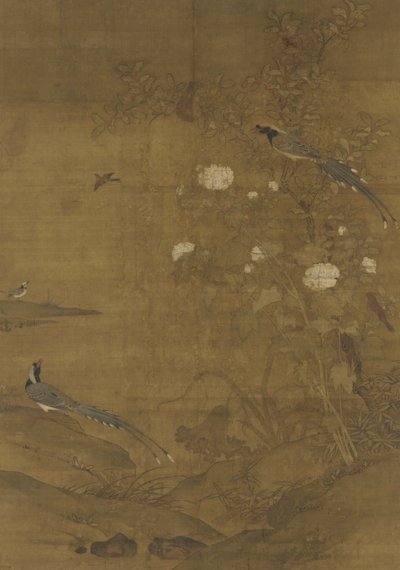 Eksters, Pestvogel, Hibiscus en Kaneel, ca. 1400 door Ming Dynasty Chinese School