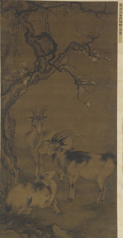 Drie geiten onder een bloeiende pruimenboom, 16e-17e eeuw door Ming Dynasty Chinese School