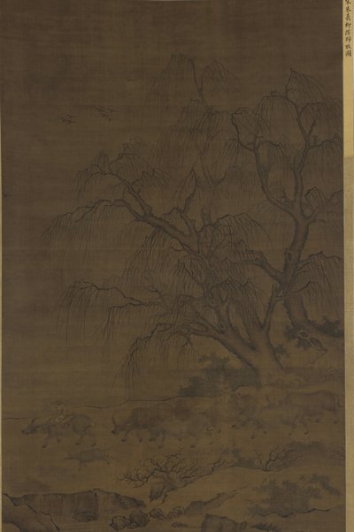 Waterbuffels en begeleiders onder wilgenbomen door Ming Dynasty Chinese School