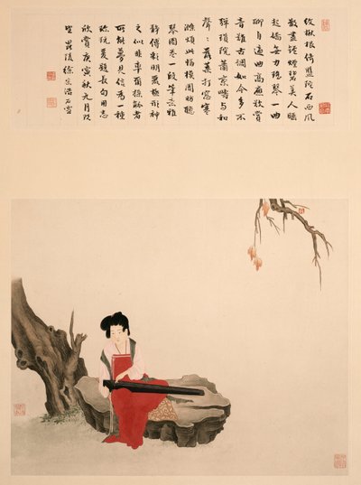 Dame Zittend op een Rots die Qin Speelt door Ming Yu