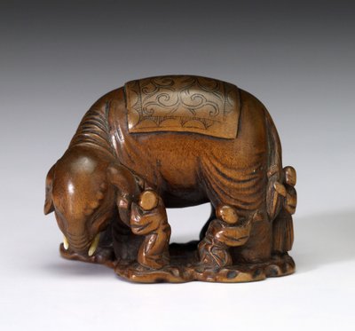 De blinde mannen en de olifant, begin 19e eeuw (hout) door Minkoku Minkoku