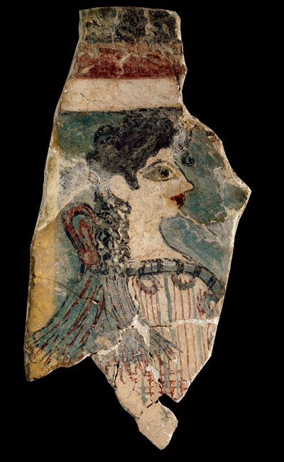 La Parisienne: fragment van fresco die een priesteres in profiel voorstelt. Uit Knossos. Minoïsche kunst, rond 1500-1450 v.Chr. Heraklion Archeologisch Museum. Kreta, Griekenland door Minoan