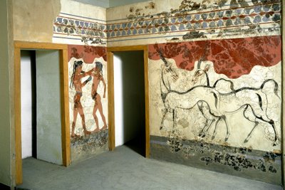 Minoïsche kunst: dieren en vechter (fresco) door Minoan