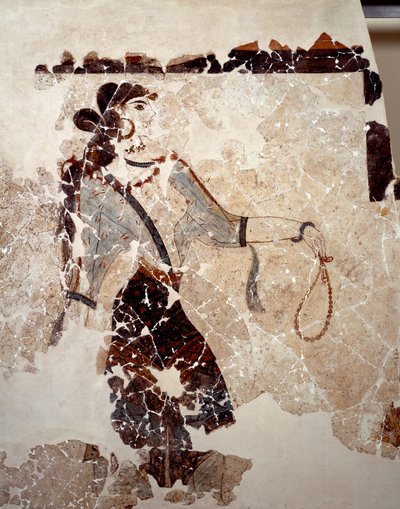 Minoïsche beschaving: vrouwen in aanbidding. Detail. Fresco uit het lustrale bassin van Xeste 3 in Akrotiri (Thera), Santorini. 16e eeuw v.Chr. Santorini, Collectie fresco