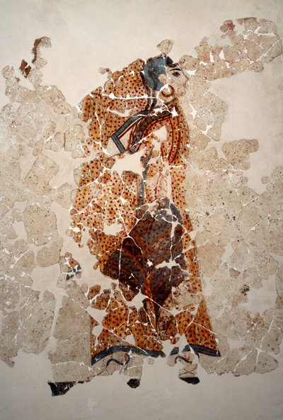 Minoïsche beschaving: vrouwen in aanbidding. (detail) Fresco uit het lustrale bassin van Xeste 3 in Akrotiri (Thera), Santorini. 16e eeuw v.Chr. Santorini, Collectie fresco