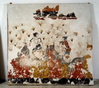 Minoïsche beschaving: vrouwen die saffraan plukken. Fresco uit het lustrale bassin van Xeste 3 in Akrotiri (Thera), Santorini. 16e eeuw v.Chr. Santorini, Collectie fresco