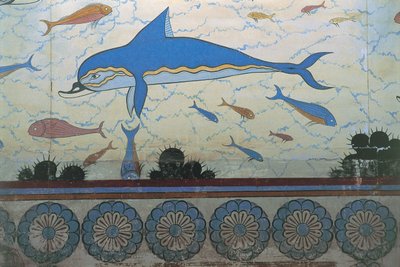 Close-up van een muurschildering in een paleis, Paleis van Minos, Knossos, Kreta door Minoan