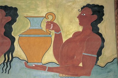 Close-up van een muurschildering op de muur van een paleis, Paleis van Minos, Knossos, Kreta, Griekenland door Minoan