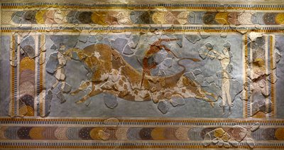 (detail) van de Stierspringen Fresco. Gevonden in Knossos door Minoan