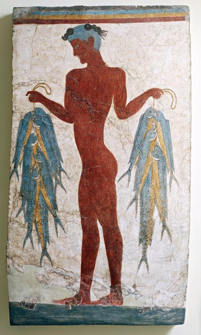 Griekse beschaving, fresco van visser, uit Akrotiri, Thera, Santorini, Griekenland door Minoan