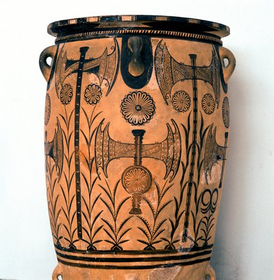 Minoïsche kunst: terracotta vaas uit de Neopalatiale periode versierd met symbolen van de goden en voorstellingen van de hemel en de aarde, evenals de dubbele bijl, symbool van de Kretenzische beschaving. Van Knossos (Cnossos) Heraklion, Archeologisch Muse door Minoan