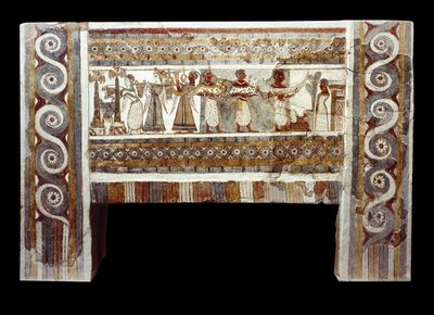Scène van de cultus van de doden, fresco op de sarcofaag van Haghia Triada door Minoan