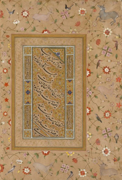 Pagina uit het Late Shah Jahan Album: Perzische Kalligrafie Omgeven door een Sierlijke Rand van Bloemen en Vogels door Mir 