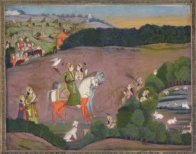 Baz Bahadur en Rupmati op valkenjacht. Om 1735 door Mir Kalan Khan