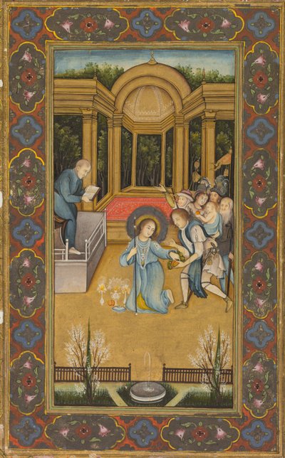 Jezus tussen de artsen in de Tempel, ca. 1760 (dekkende aquarel met goud op papier, bloemenranden in kleuren op goudgrond) door Mir Kalan Khan