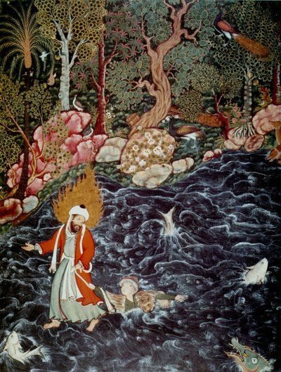 De profeet Elia redt Prins Nur ad-Dahr Uit de Hamzanama, 1562-1577 door Mir Sayyid Ali