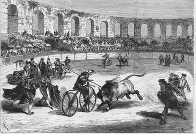 Stierenrace in de Arena van Nîmes in 1869. De toreadors gemonteerd op velocipedes. Tekening door Mr. Miranda. door Miranda Miranda