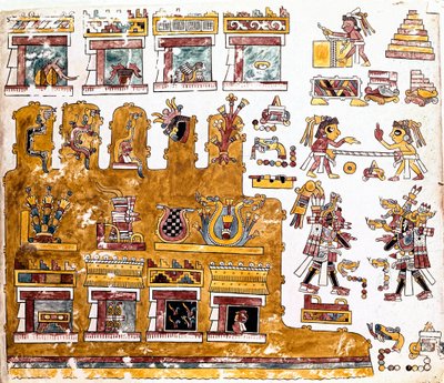 Mixteekse beschaving: Mixteekse Codex met illustraties van activiteiten voor een tempel (detail) door Mixtec Mixtec
