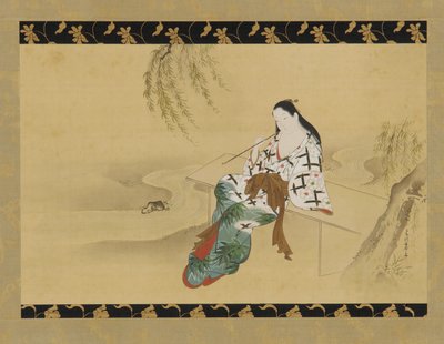 Landschap: een yujo zittend op een bank, 18e eeuw door Miyagawa Chōshun