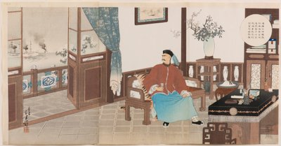 Admiraal Ding Ruchang van de Chinese Beiyang-vloot, volledig vernietigd bij Weihaiwei, pleegt zelfmoord in zijn officiële residentie door Mizuno Toshikata