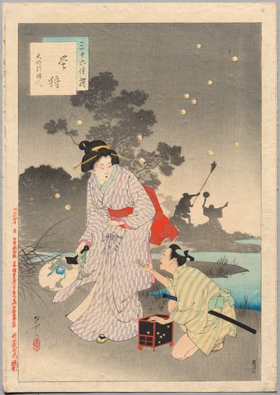 Vuurvliegjes vangen, een dame uit het Tenmei-tijdperk (1781-1789), uit de serie Zesendertig elegante selecties door Mizuno Toshikata