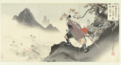 Kato Kiyomasa vernietigt en neemt het paleis van Orankai in door een rotsblok naar beneden te rollen door Mizuno Toshikata