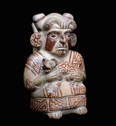 Precolumbiaanse kunst, mochique beschaving: een Mochica leider met een katachtige in zijn armen. Antropomorfe kleivorm. 200 v.Chr.-700 na Chr. door Moche Moche