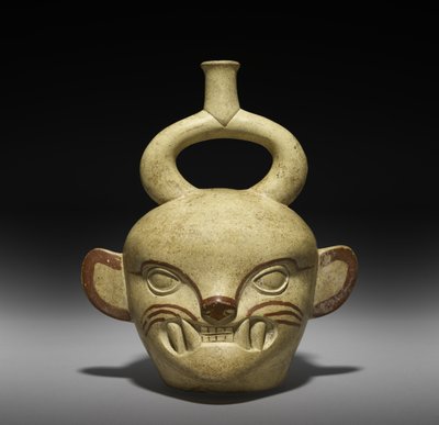 Vaartuig in de vorm van een katachtige kop door Moche Moche