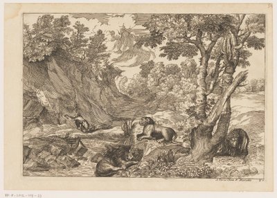 Landschap met de boetvaardige Hiëronymus en drie rustende leeuwen (Landschappen naar Titiaan) door Moise Jean Baptiste Fouard